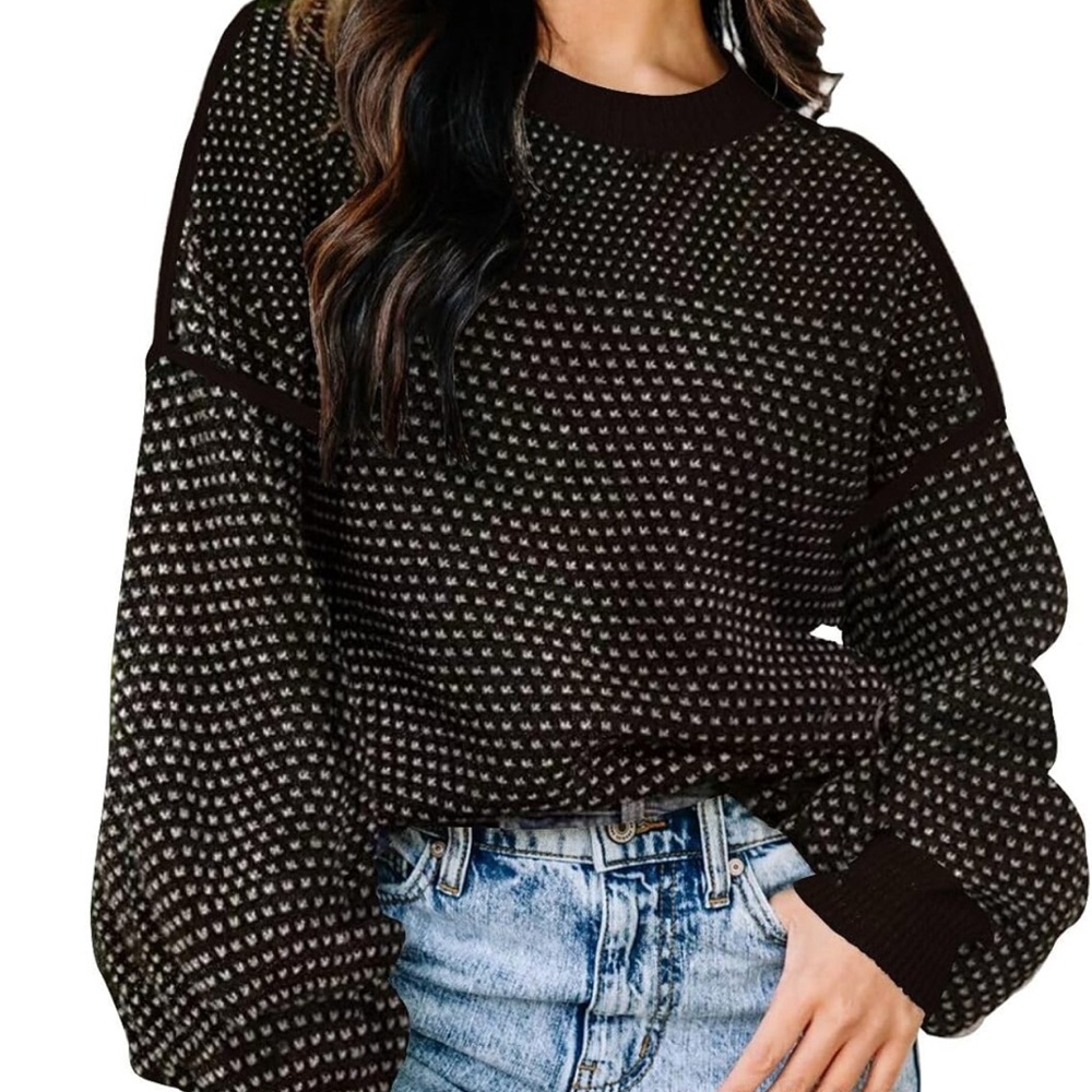 Disamer Women's Crew Neck Sweater Oversized - Black Patterned‎